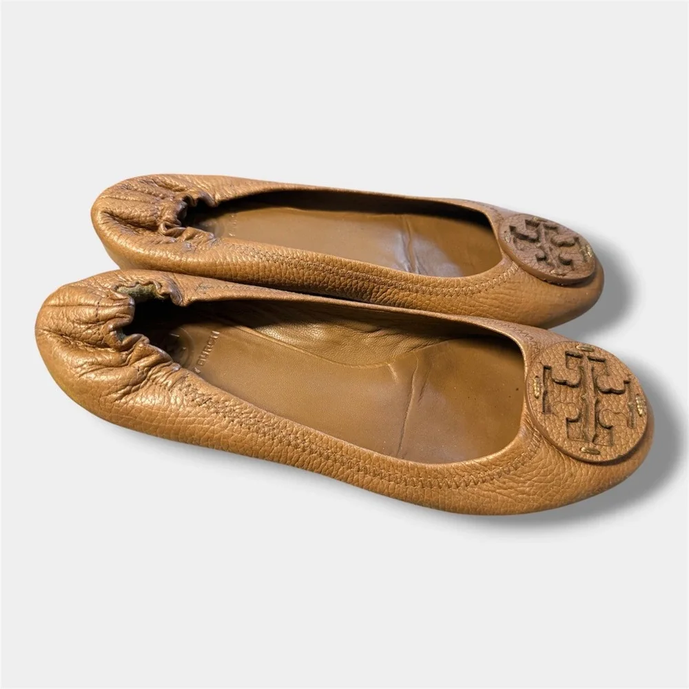 Tory Burch Minnie Ballet Flats Women 9.5M Tan Good Leather‎ Logo Travel Flat